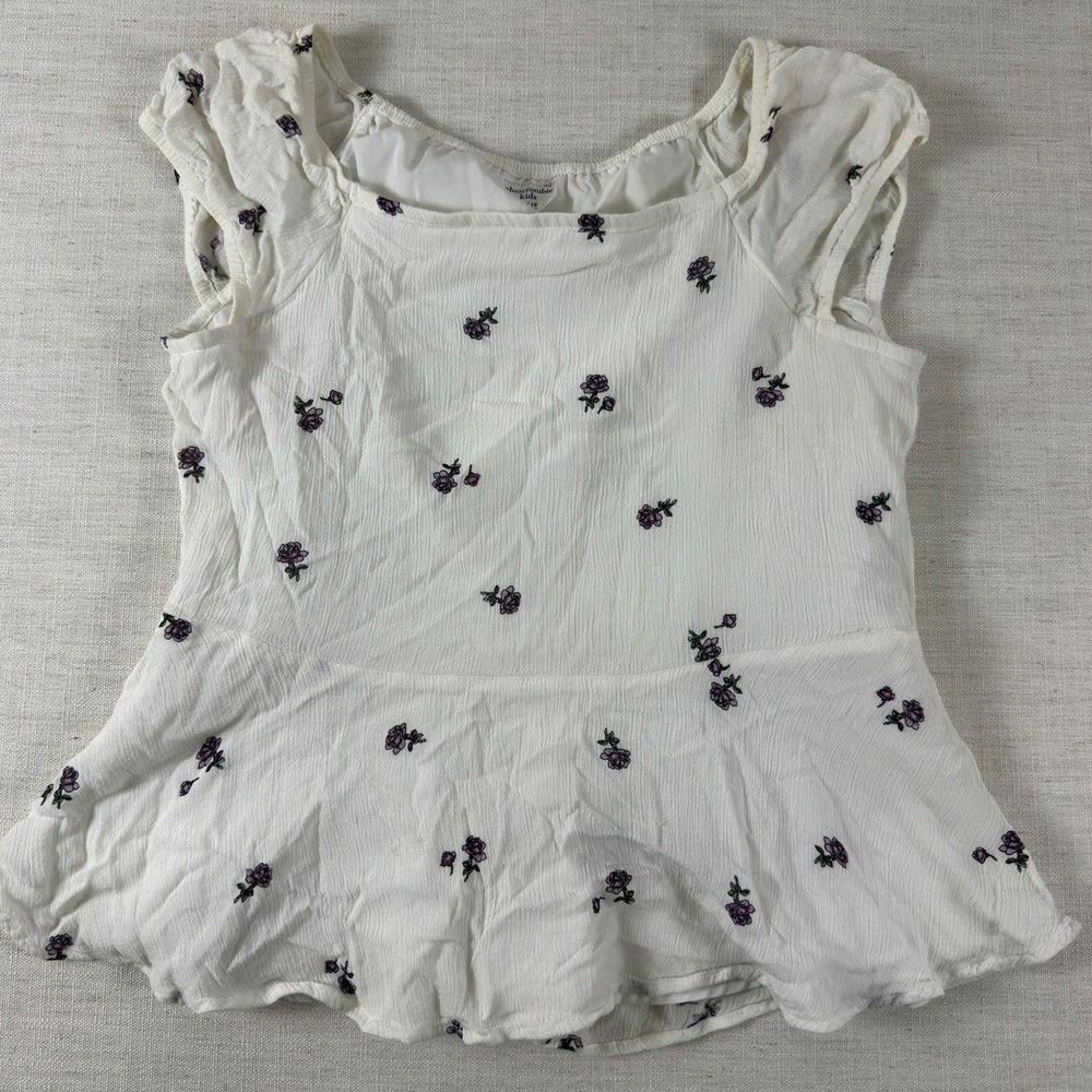 Abercrombie Kids White Floral Embroidered Peplum Top Size 15/16 Purple Rosebud